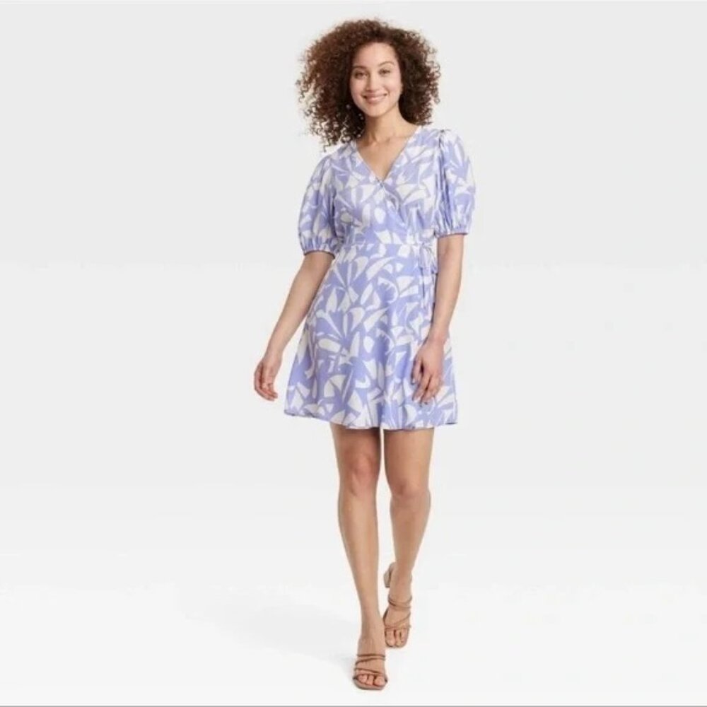 NEW A New Day Balloon Short Sleeve Mini Wrap Dress - Blue Print - Size 1X
